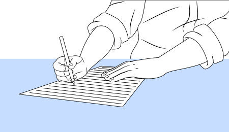 illlustration of a person holds pen and write in the blank paper with various angle .Vector isolated illustration . For article ,page ,cover ,poster ,banner ,motion graphic ,explainer video etc.のイラスト素材
