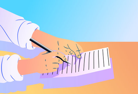 illlustration of a person holds pen and write in the blank paper with various angle .Vector isolated illustration . For article ,page ,cover ,poster ,banner ,motion graphic ,explainer video etc.のイラスト素材