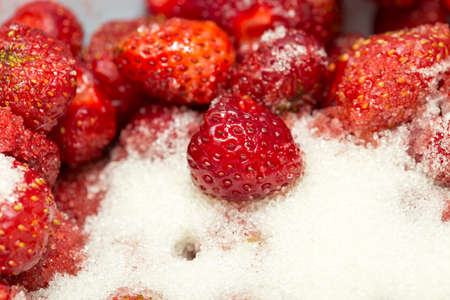 strawberry and sugar for jam preparation for winterの写真素材