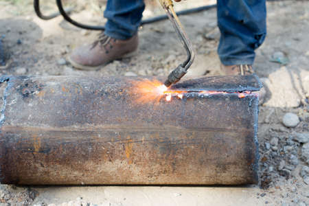 metal cutting with acetylene torchの写真素材
