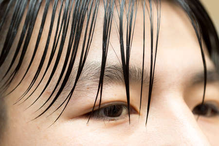 hair combed back to a young man's head close-upの写真素材