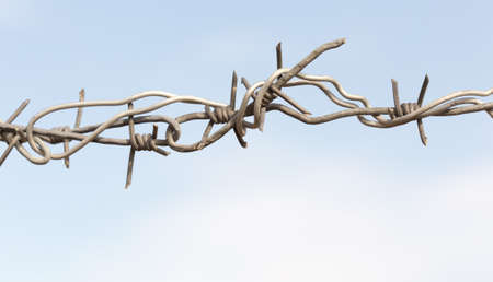 barbed wires against blue sky.の写真素材