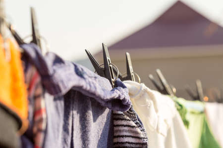Laundry hanging in a gardenの写真素材