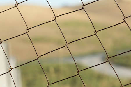 Metal chain-link fence on a background of green grass close-upの写真素材