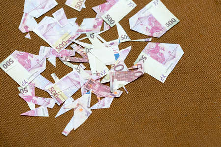 small pieces five hundred euros on a fabric background ropeの写真素材