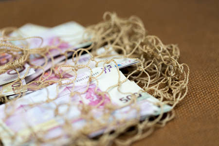 five hundred euros on a background mesh bagの写真素材