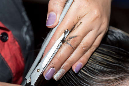 Closeup macro shot image of hairstylist hairdresser cutting customer woman hair in salon with...