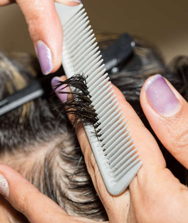 Closeup macro shot image of hairstylist hairdresser cutting customer woman hair in salon with scissors and comb, look from behind back sideの写真素材