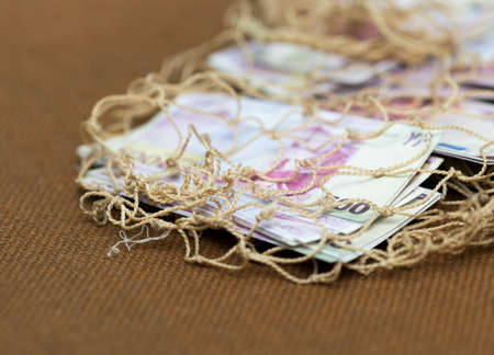 five hundred euros on a background mesh bagの写真素材