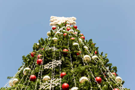 Giant Christmas tree against blue skyの写真素材