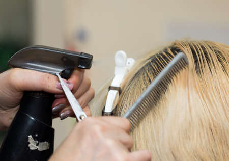 Closeup macro shot image of hairstylist hairdresser cutting customer woman hair in salon with...