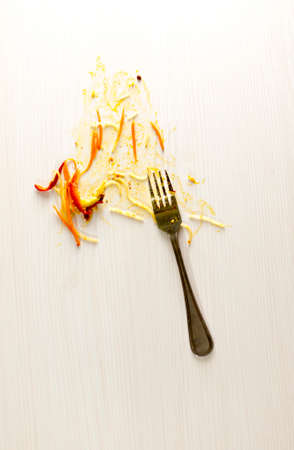 Rice noodles Funchosa with vegetables on the table. Traditional Korean cuisineの写真素材