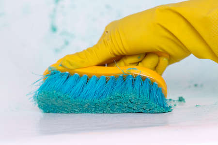 the girl cleans the surface in the bathroom. Girl holding a brush and cleaning herの写真素材
