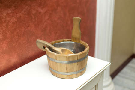 retro wooden bucket for saunaの写真素材