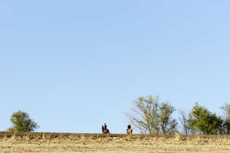 people riding in a field on a horseの写真素材