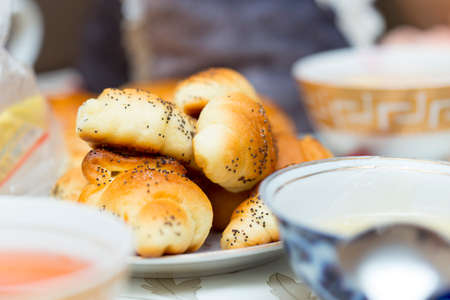 in the morning, breakfast on the table