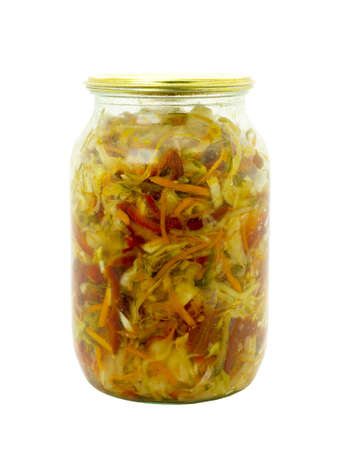 Marinated glass jars for winter, isolated on white backgroundの写真素材