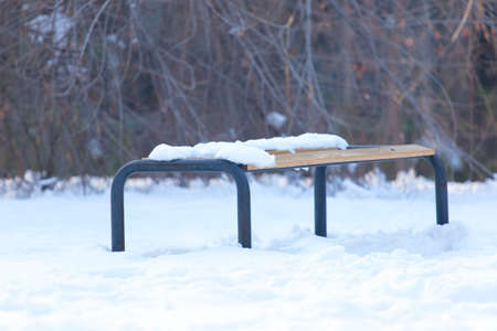 Wooden benches under the snow in winter