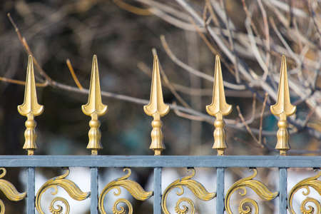 Part of the wrought iron (metal) fencing with bare clearance. The concept: safety, dangerous, private, fencing for personal life.の写真素材