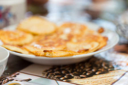 delicious pancakes on a plate for breakfastの写真素材