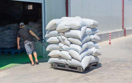 man of a warehouse worker with a manual loader