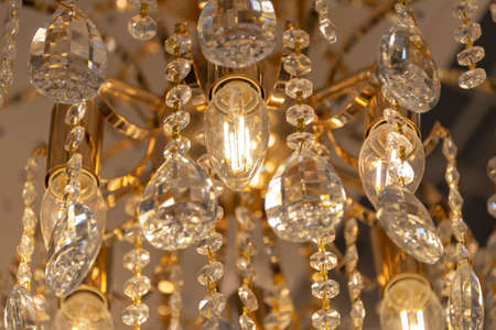 Close up on crystal of contemporary chandelierの写真素材