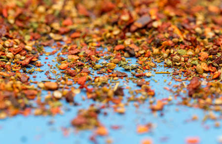 super healthy food selection with extra seasoning powders on a blue backgroundの写真素材