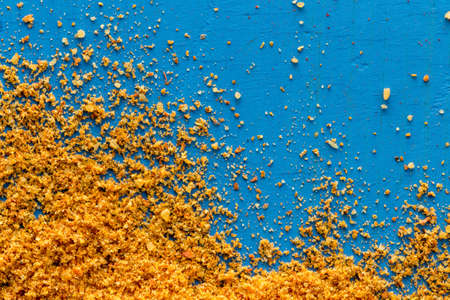 super healthy food selection with extra seasoning powders on a blue backgroundの写真素材