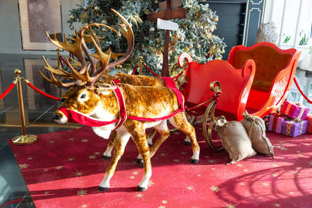 Christmas, New Year's interior, decorated Christmas tree with garlands and balls and the figure of a deerの写真素材
