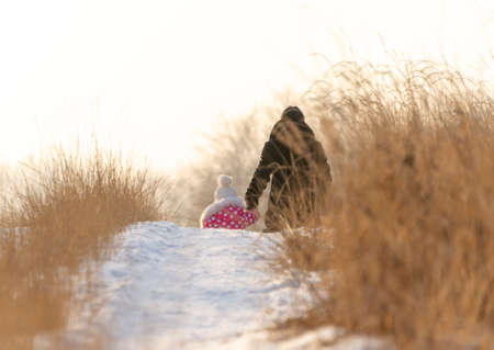 A woman and small children walk in the meadow in winter. They turned away and left.の写真素材