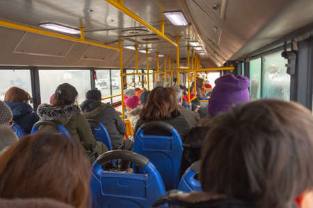 Bus with people people go to workの写真素材