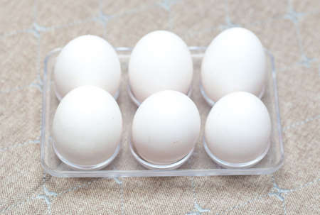 six chicken eggs in a plastic tray from the fridgeの写真素材