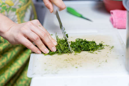Female hands chopping the dill leaves on a cutting board with a knife. The concept of cookingの写真素材