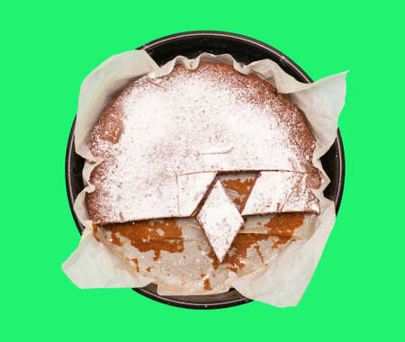 Delicious homemade pie on a green background, top viewの写真素材