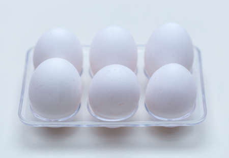 six chicken eggs in a plastic tray from the fridgeの写真素材