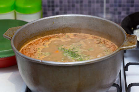 soup pan on the stoveの写真素材