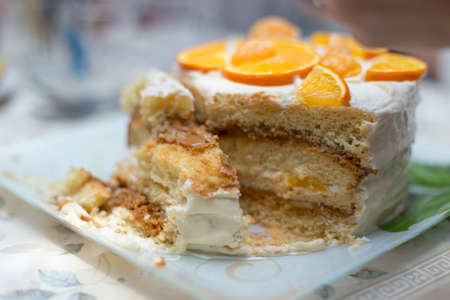 fruit cake with milk cream and fruitの写真素材