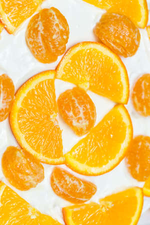 fruit cake with milk cream and fruitの写真素材