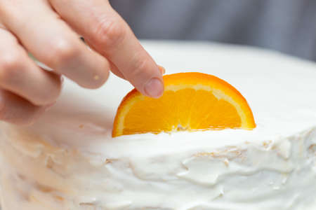 fruit cake with milk cream and fruitの写真素材
