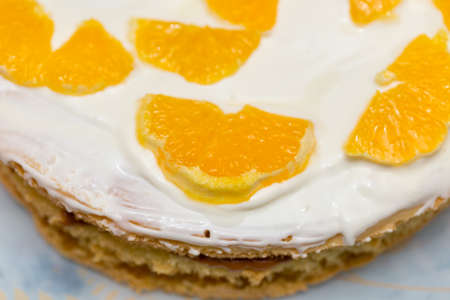 fruit cake with milk cream and fruitの写真素材