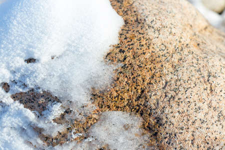 snow on the background of yellow stonesの写真素材