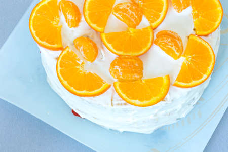 fruit cake with milk cream and fruitの写真素材
