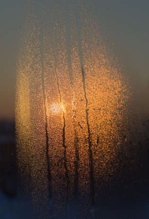 water drops on the glass surface at sunset, macroの写真素材