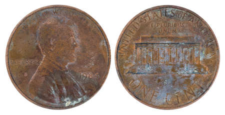 American coin of one cent 1984 on a white backgroundの写真素材