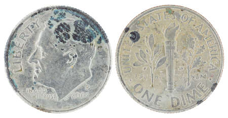 American dime (10 cents) coin both sides isolated on white backgroundの写真素材