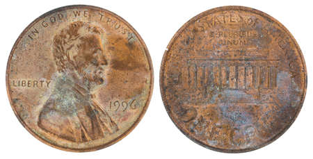 American coin of one cent 1996 on a white backgroundの写真素材