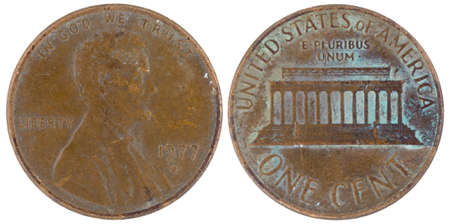 American coin of one cent 1977 on a white backgroundの写真素材
