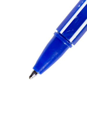macro, blue plastic pen on white paperの写真素材