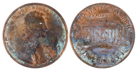 American coin of one cent 1989 on a white backgroundの写真素材