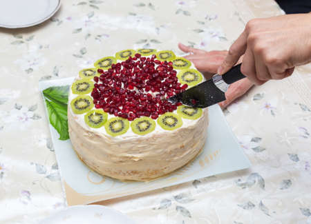 festive sliced fruit cake with milk cream and fruit on the tableの写真素材